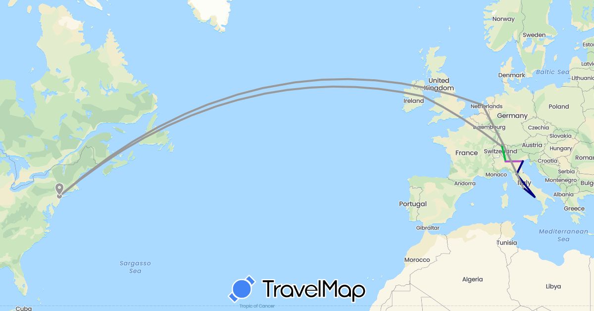 TravelMap itinerary: driving, bus, plane, train in Switzerland, Ireland, Italy, Netherlands, United States (Europe, North America)